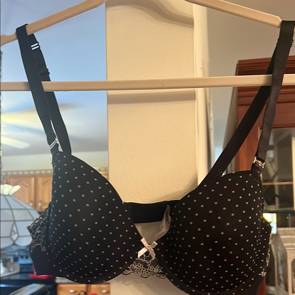B tempted Black Polka Dot Lace Trim Bra 36C